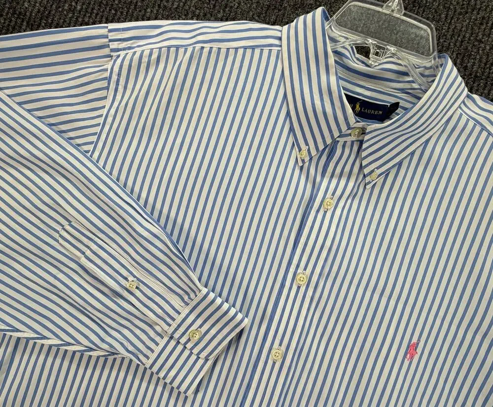 Polo Ralph Lauren Shirt Mens 3XB Blue White Stripe Button Up Long Sleeve Big